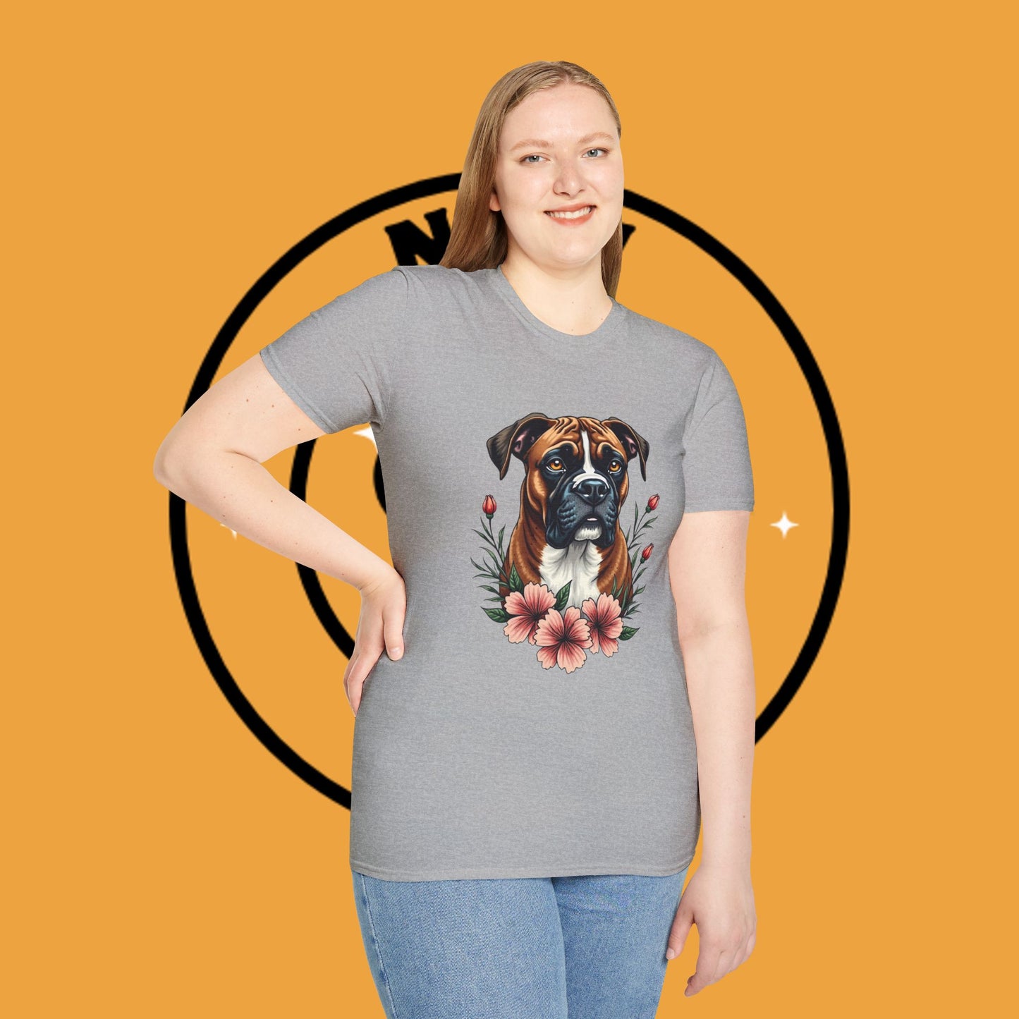 Boxer Dog Floral Portrait T-Shirt - Elegant Botanical Art Design Tee for Dog Lovers