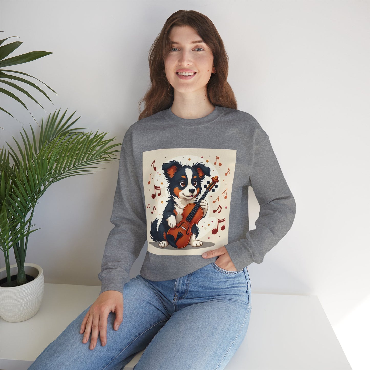 Music Dog Crewneck Sweatshirt - Cute Puppy Violinist with Musical Notes Design | Musician Gift