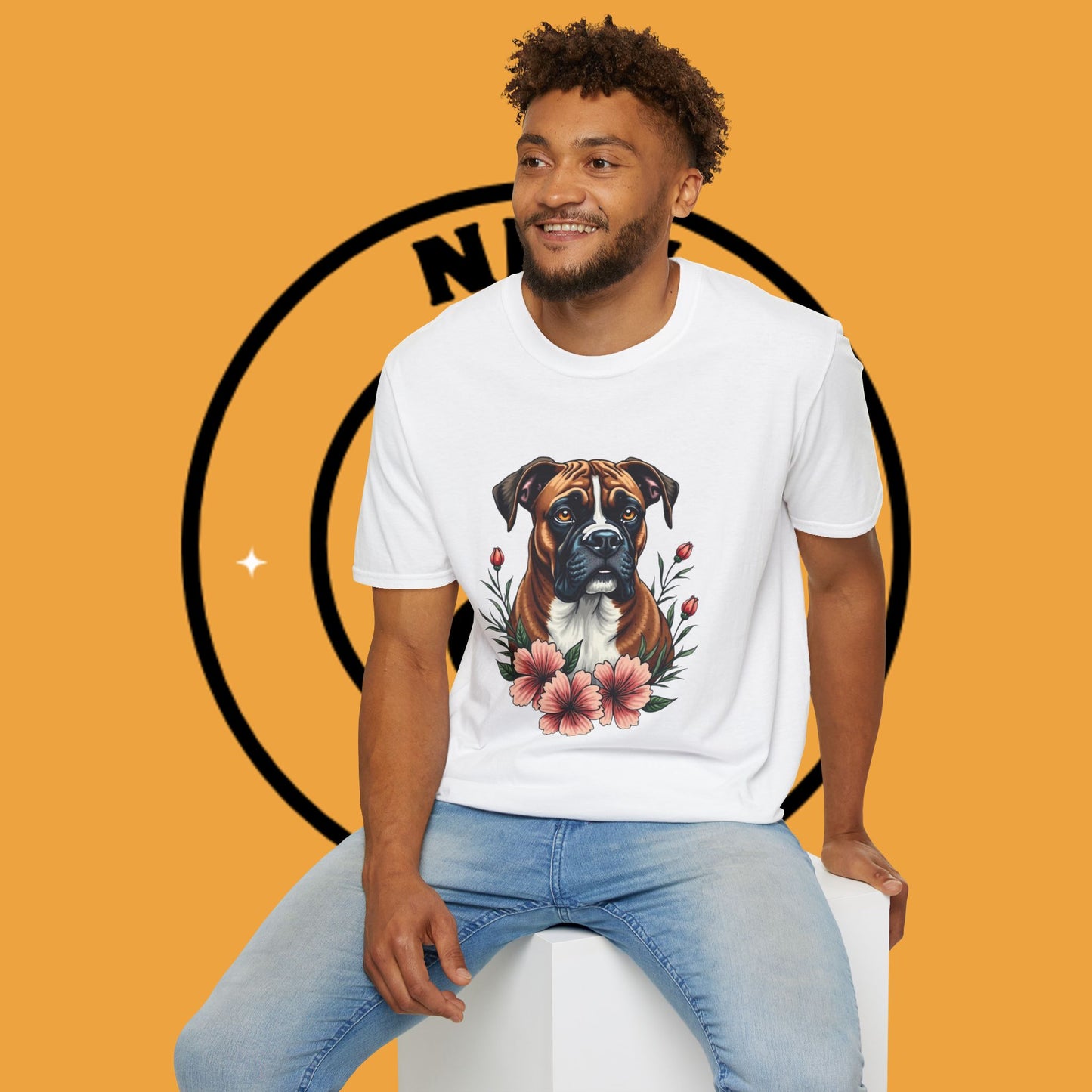 Boxer Dog Floral Portrait T-Shirt - Elegant Botanical Art Design Tee for Dog Lovers