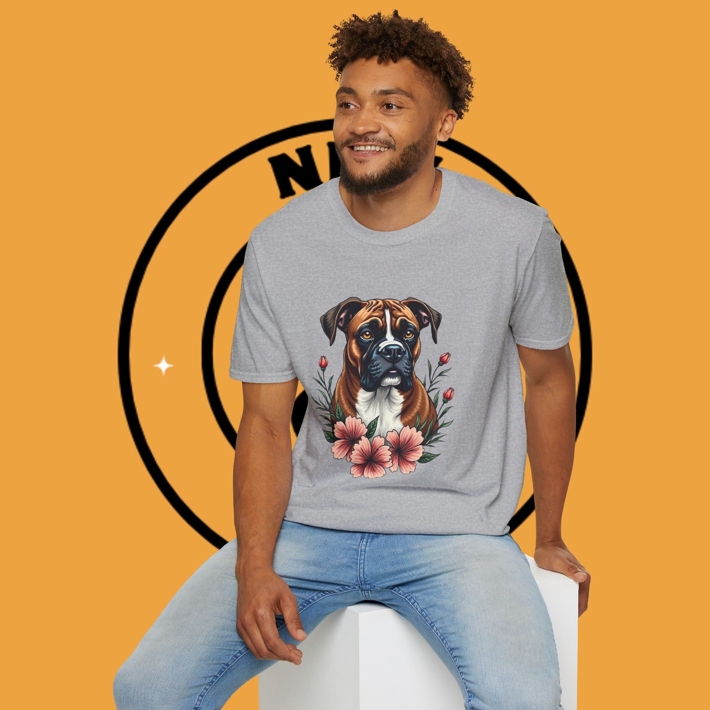 Boxer Dog Floral Portrait T-Shirt - Elegant Botanical Art Design Tee for Dog Lovers