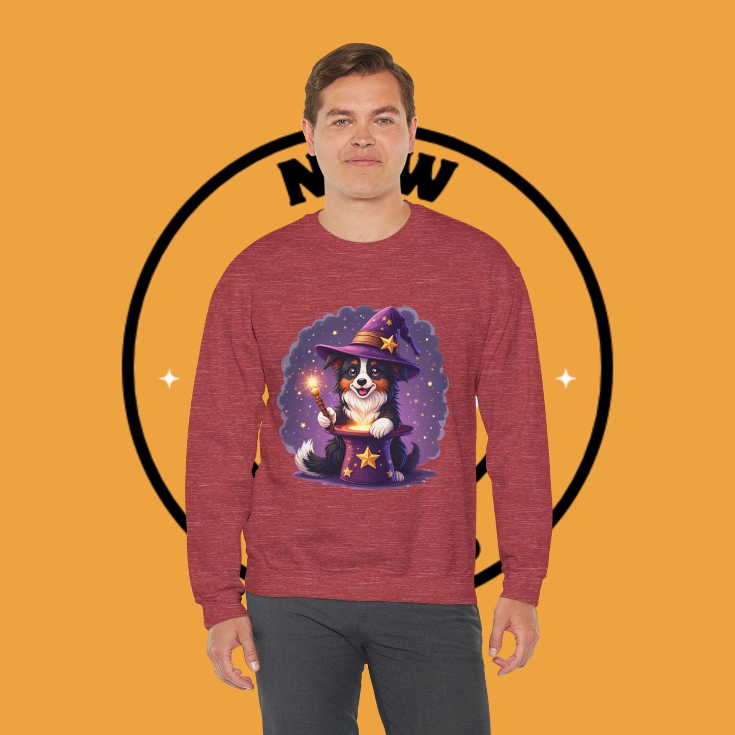 Magical Wizard Dog Crewneck Sweatshirt - Adorable Puppy Magician with Hat & Wand | Fantasy Pet Lover Gift Tee