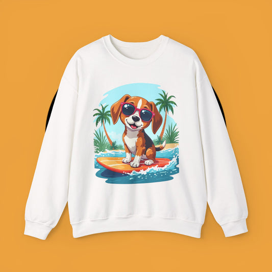 Dog Lover Crewneck Sweatshirt - Beagle surfista - Cool Summer Beagle Surfboard Sweatshirt – Perfect for Beach Vibes!
