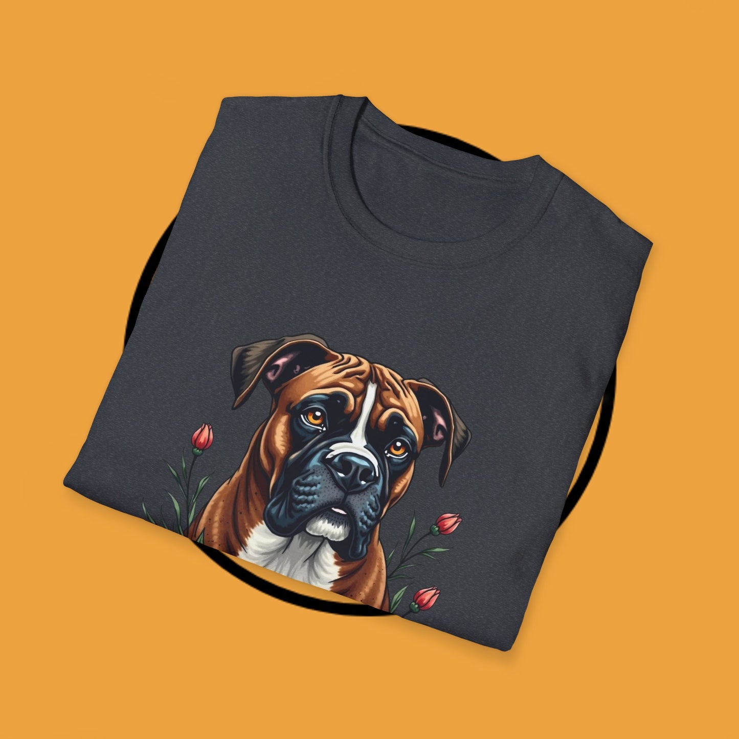 Boxer Dog Floral Portrait T-Shirt - Elegant Botanical Art Design Tee for Dog Lovers