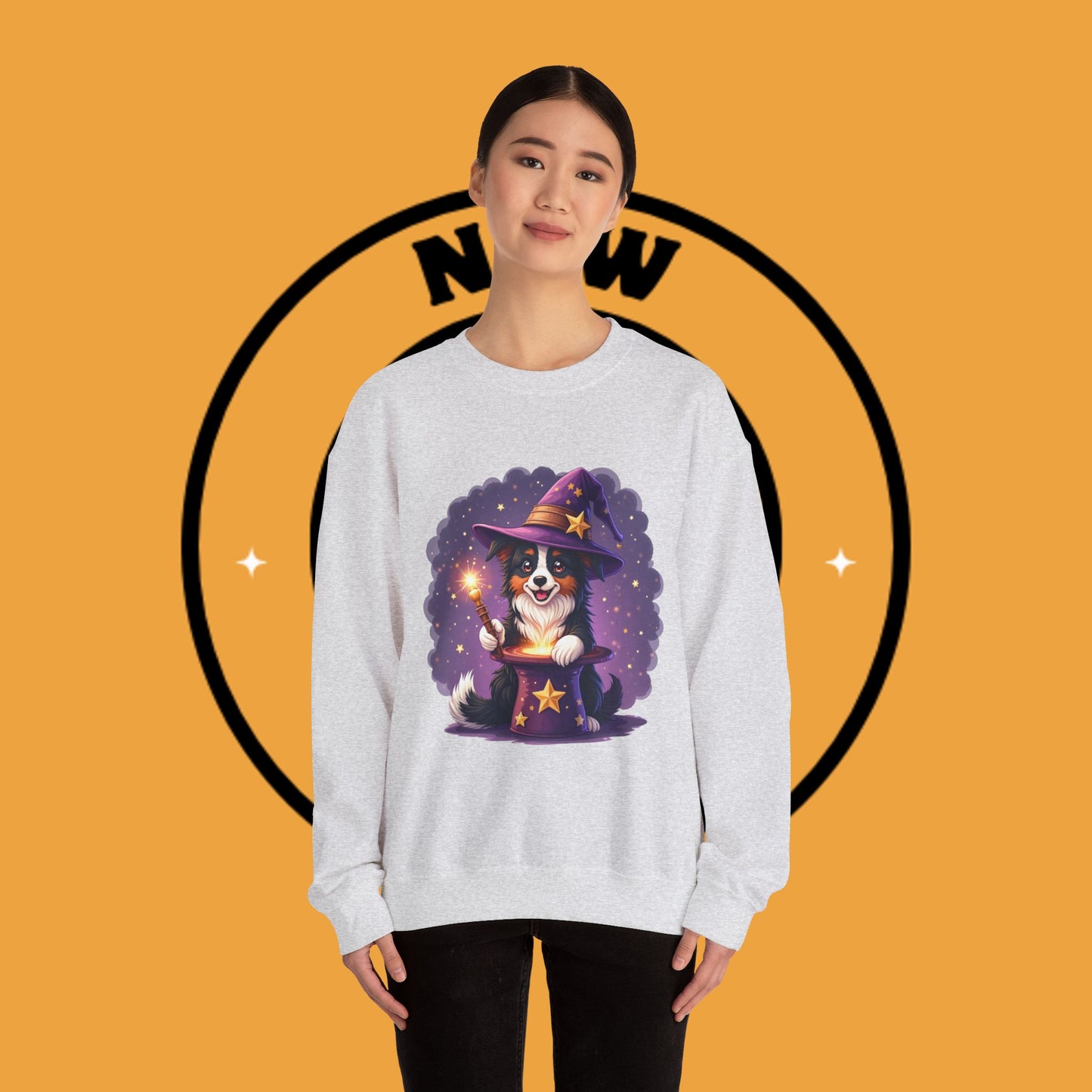 Magical Wizard Dog Crewneck Sweatshirt - Adorable Puppy Magician with Hat & Wand | Fantasy Pet Lover Gift Tee
