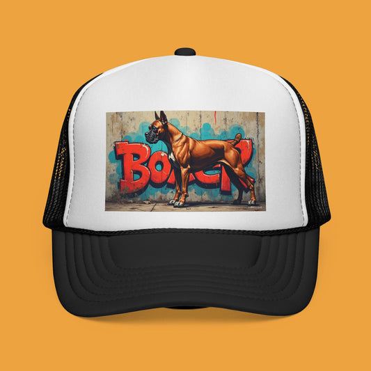 "Graffiti Boxer Dog Trucker Cap - Urban Street Art Design | Hip Hop Style Snapback Hat | Street Culture Baseball Cap"