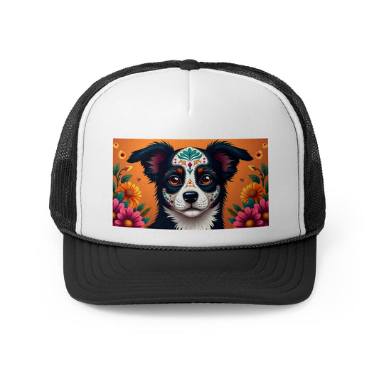 Day of the Dead Dog Trucker Hat - Sugar Skull Puppy Cap - Dia de los Muertos Baseball Hat