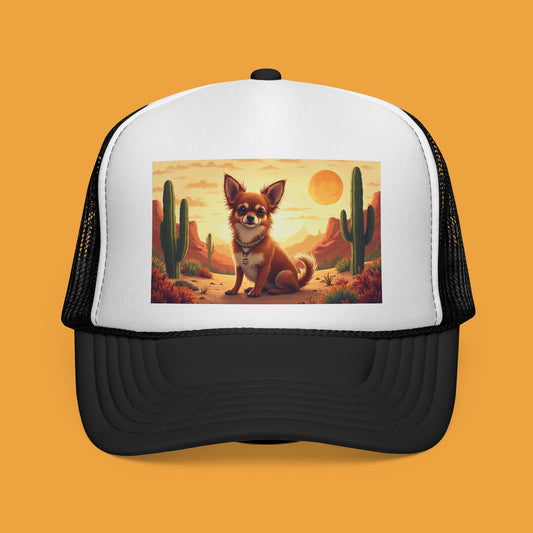 Desert Sunset Chihuahua Trucker Hat - Southwestern Style Mesh Cap | Adjustable Dog Lover Gift