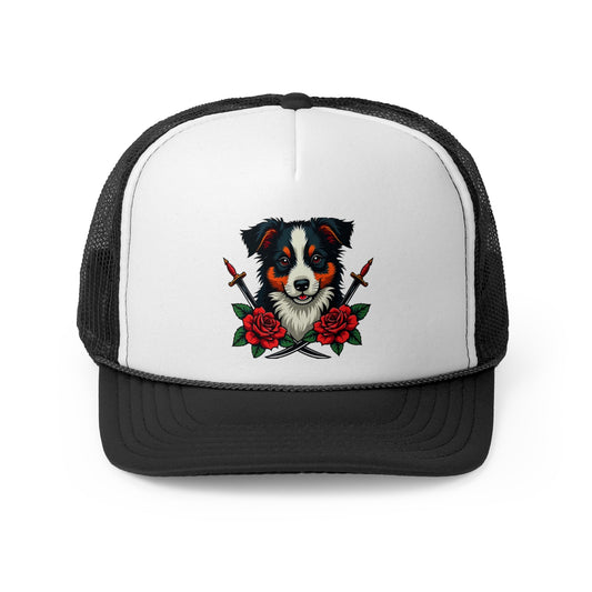 Fierce Border Collie Tattoo Style Trucker Hat - Vintage Dog Lover Cap with Roses & Daggers Design