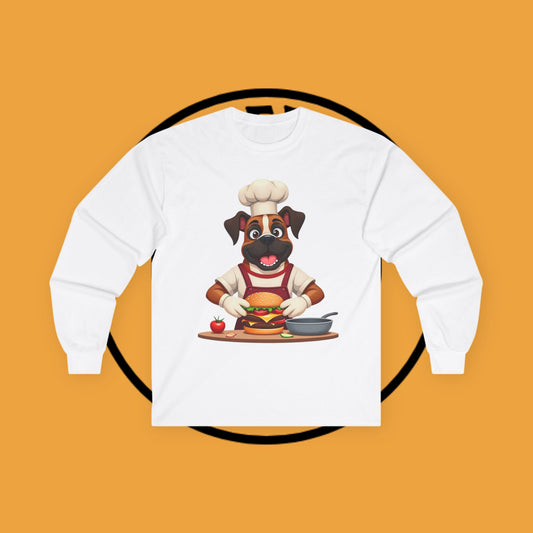 Chef Dog Cooking Burger Long Sleeve Tee - Culinary Puppy Kitchen Master Shirt