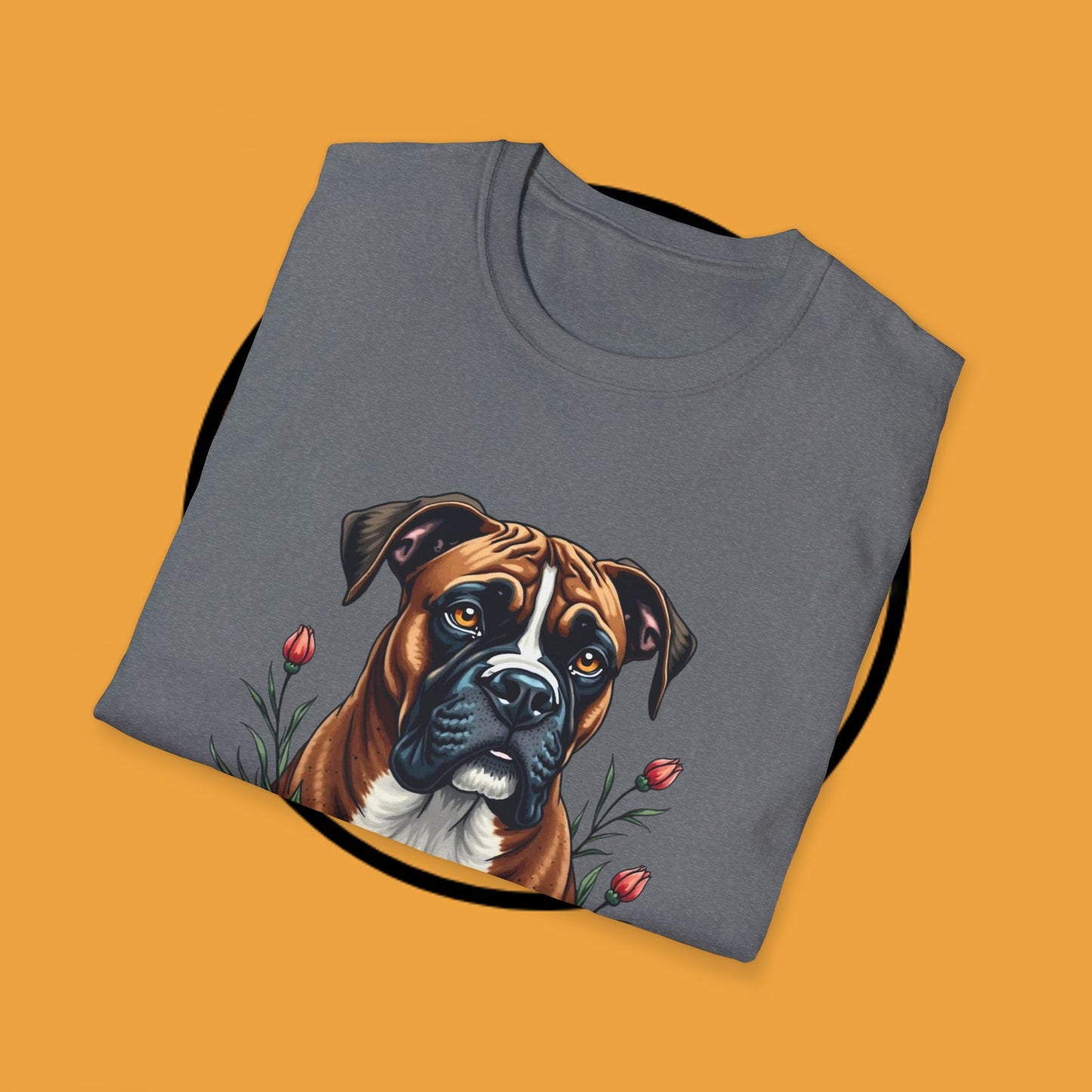 Boxer Dog Floral Portrait T-Shirt - Elegant Botanical Art Design Tee for Dog Lovers