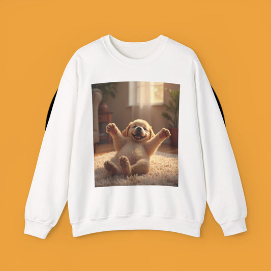 Unisex Dog Lover Crewneck Sweatshirt - Joyful Paws: Yellow Lab Puppy Stretching on Plush Carpet