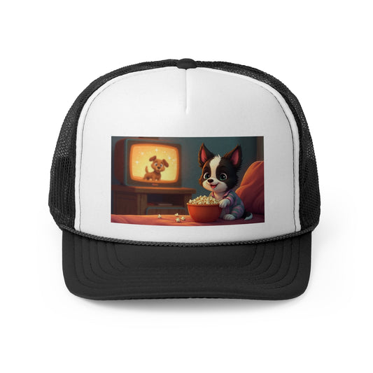 Retro TV Puppy Trucker Hat - Cozy Movie Night Dog Cap - Vintage Popcorn Pup Baseball Hat