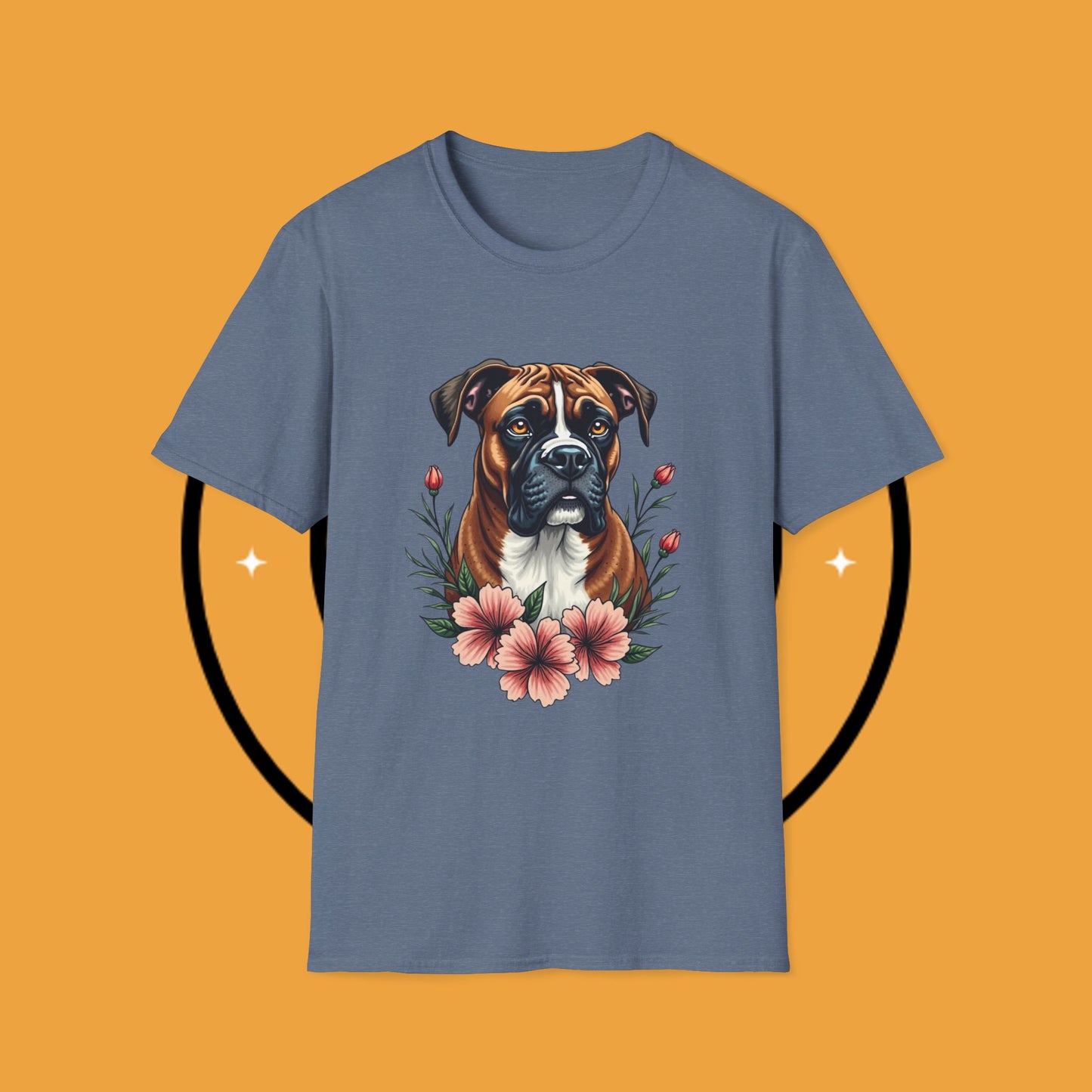 Boxer Dog Floral Portrait T-Shirt - Elegant Botanical Art Design Tee for Dog Lovers