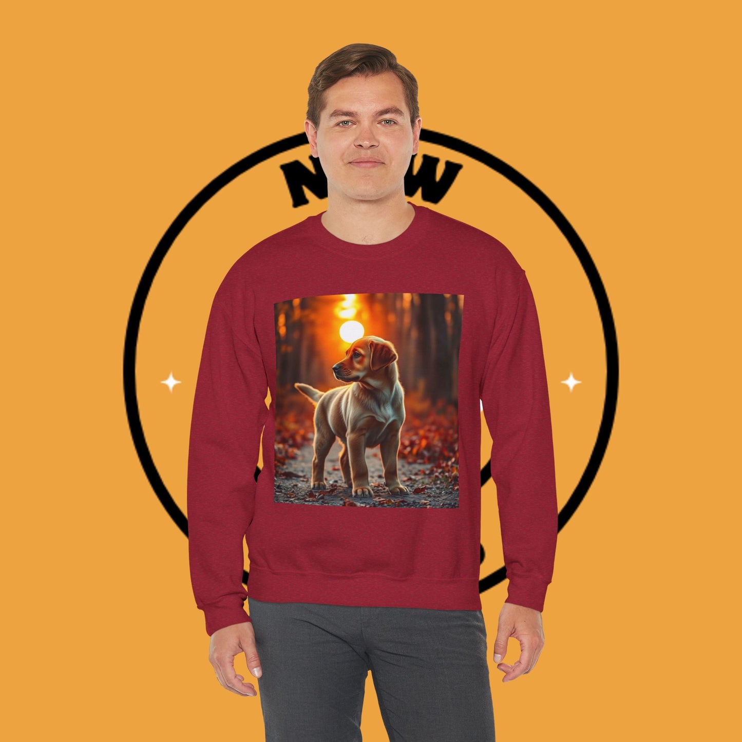 Crewneck Sweatshirt - Labrador Puppy in Autumn Forest with Golden Sunset Light Design