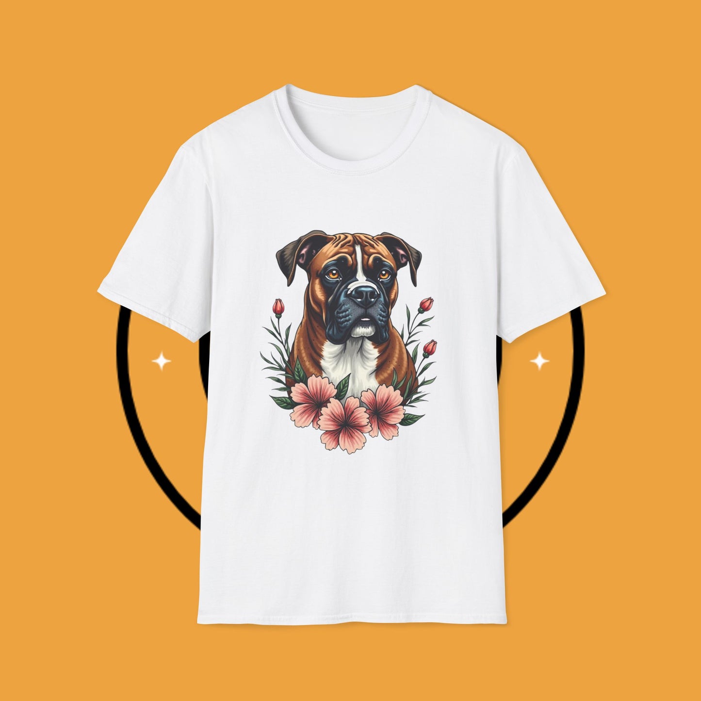 Boxer Dog Floral Portrait T-Shirt - Elegant Botanical Art Design Tee for Dog Lovers