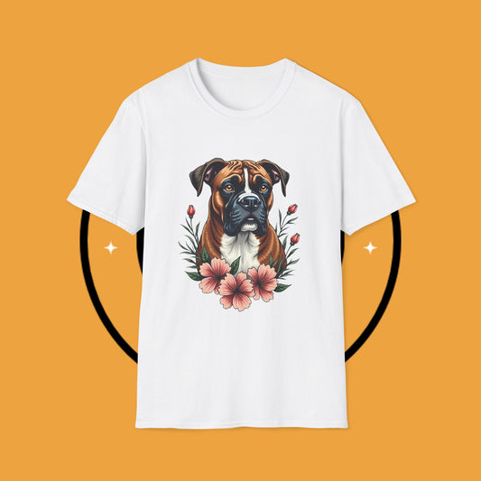 Boxer Dog Floral Portrait T-Shirt - Elegant Botanical Art Design Tee for Dog Lovers