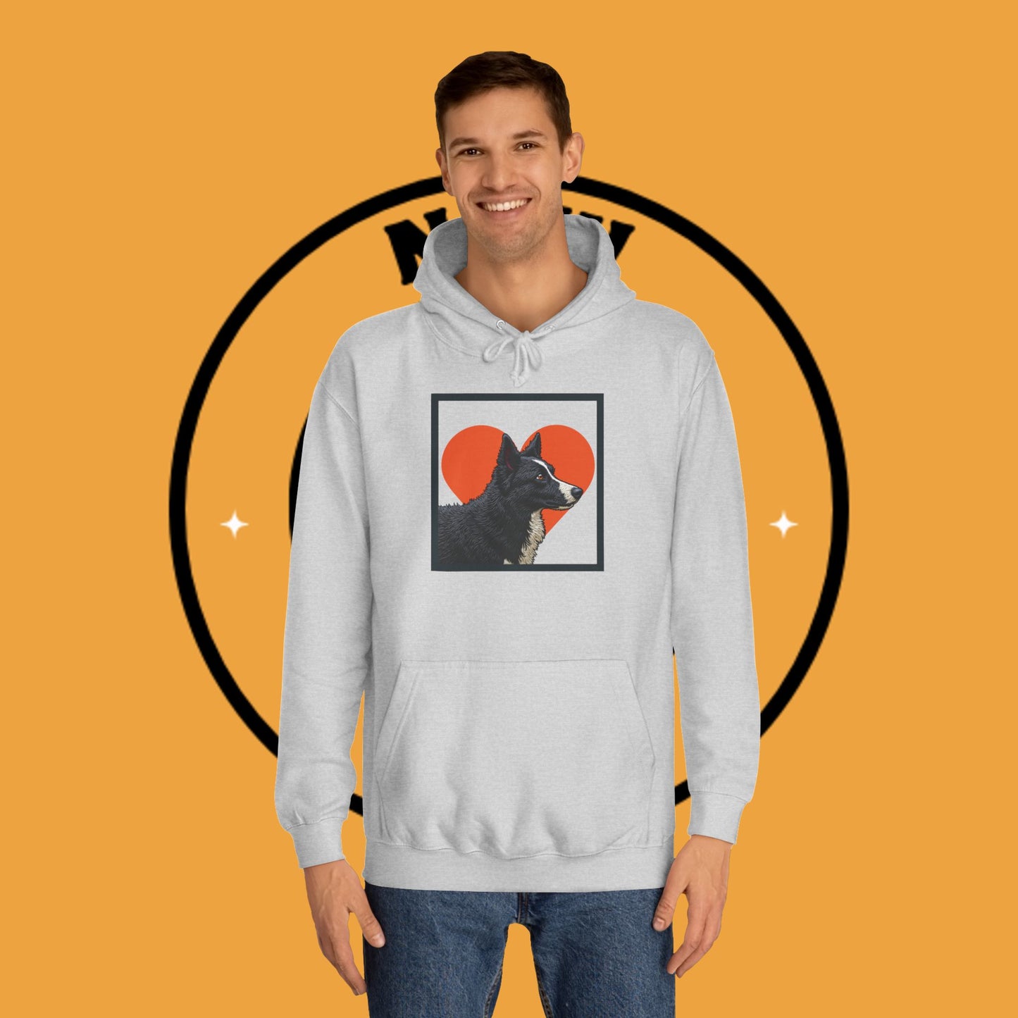 "Black & White Border Collie Portrait Hoodie - Bold Red Heart Background Dog Lover Sweatshirt | Premium Art Design"