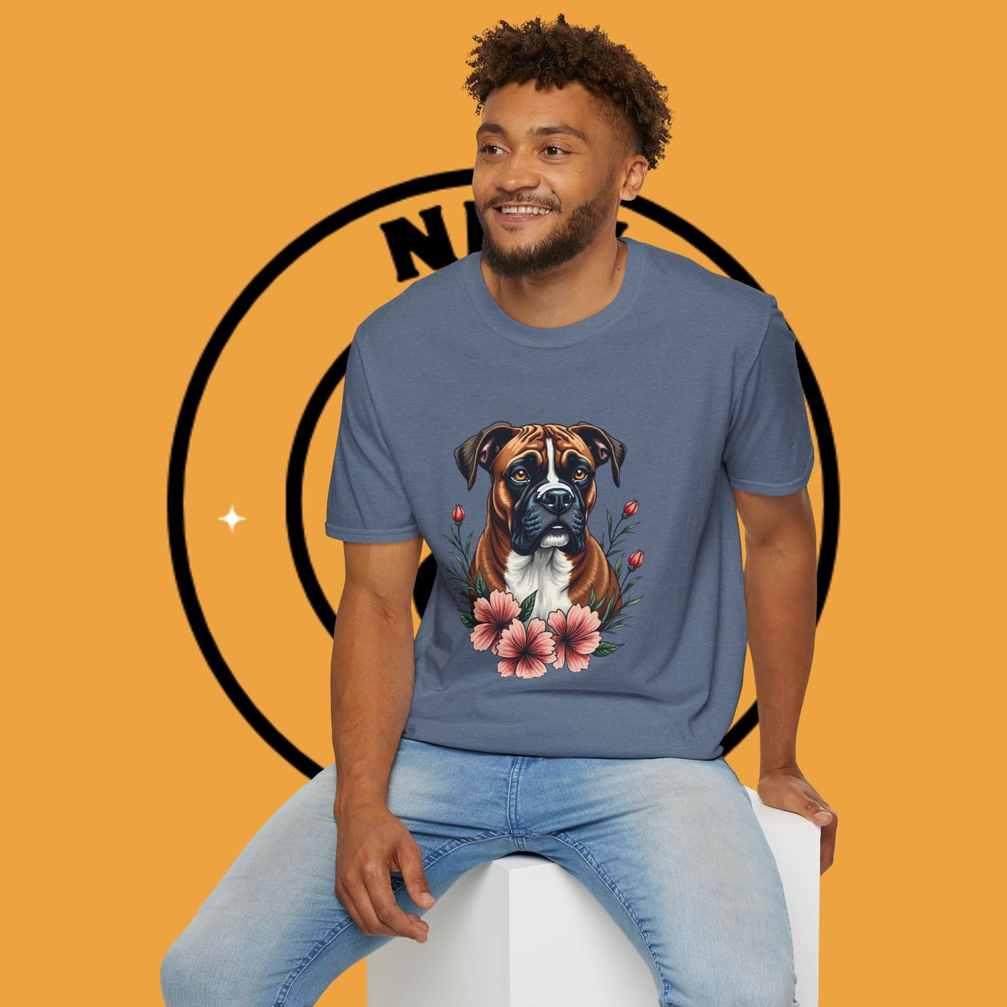 Boxer Dog Floral Portrait T-Shirt - Elegant Botanical Art Design Tee for Dog Lovers