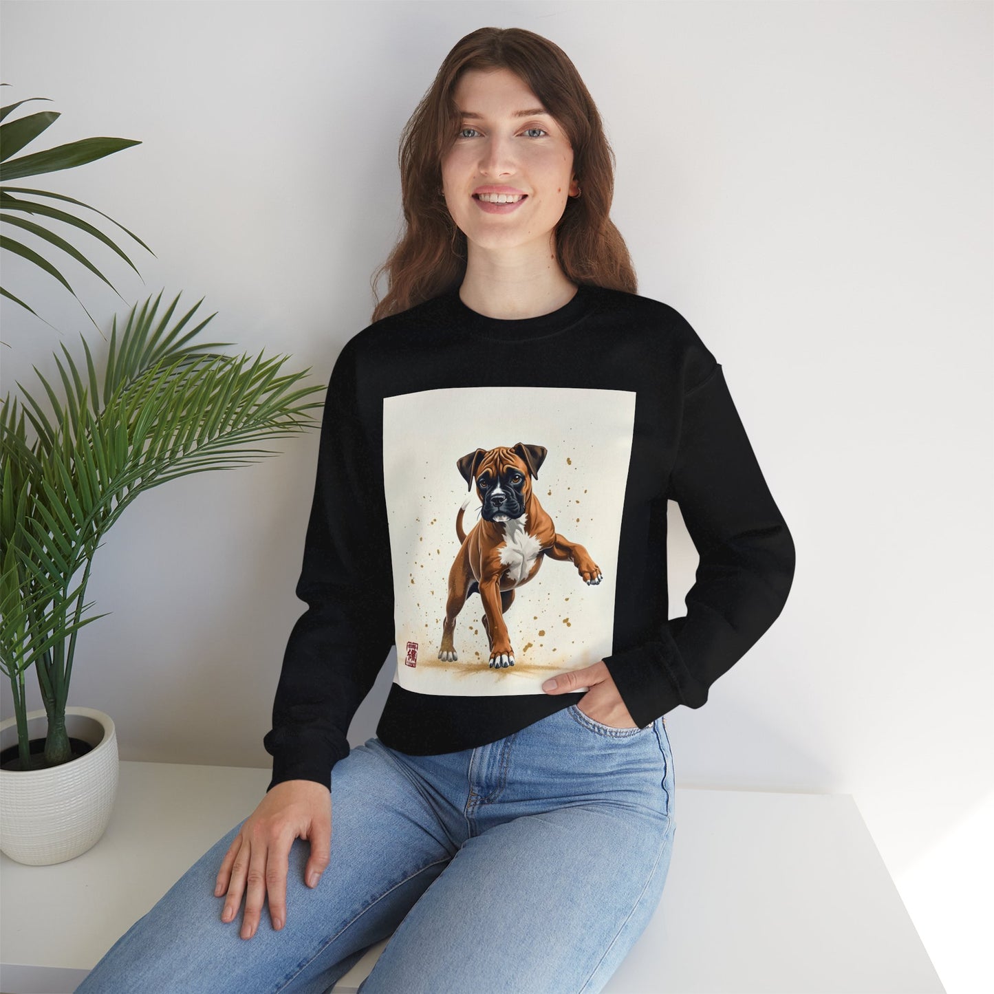 Running Boxer Puppy Crewneck Sweatshirt | Artistic Dog Lover Gift | Dynamic Movement Design