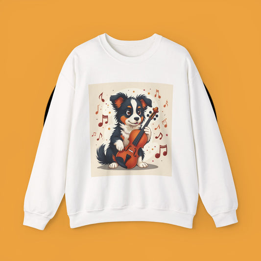 Music Dog Crewneck Sweatshirt - Cute Puppy Violinist with Musical Notes Design | Musician Gift