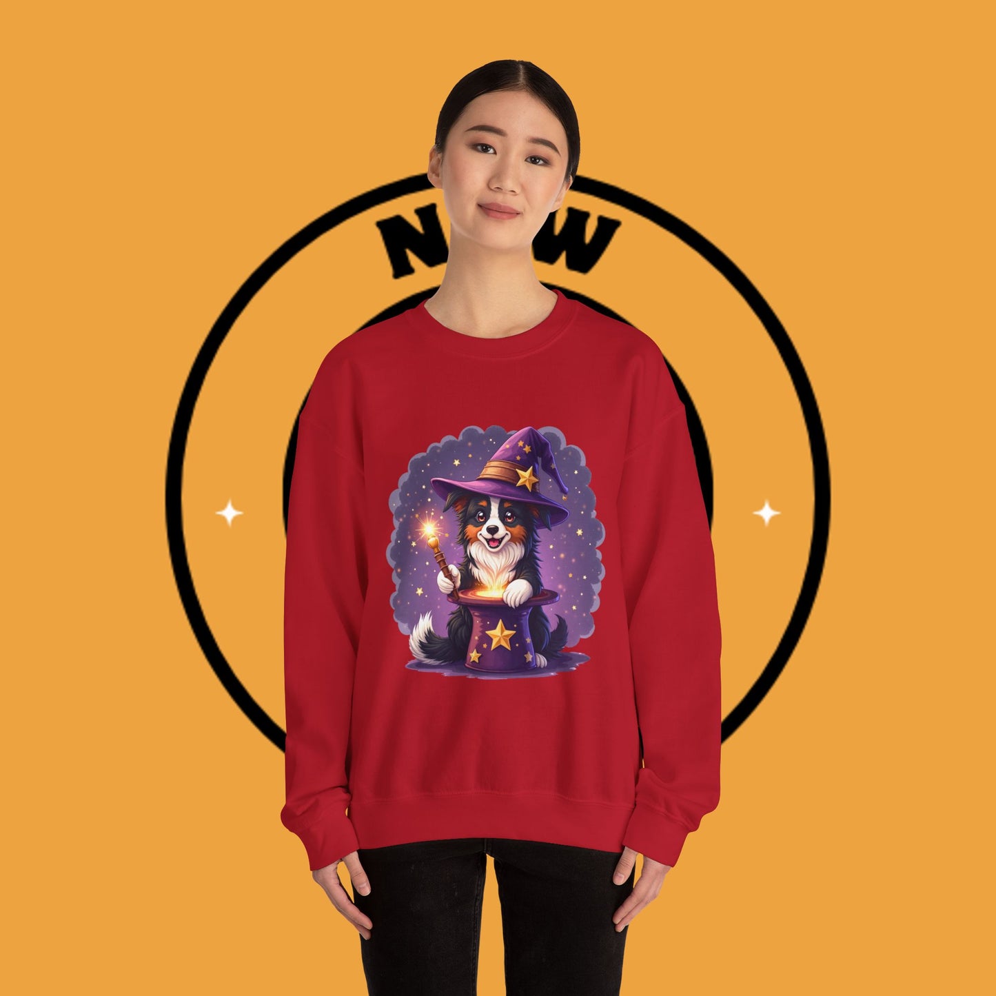 Magical Wizard Dog Crewneck Sweatshirt - Adorable Puppy Magician with Hat & Wand | Fantasy Pet Lover Gift Tee