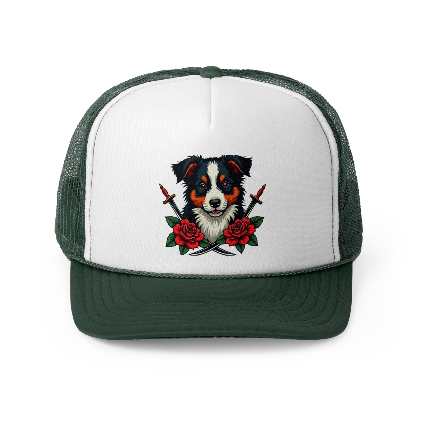 Fierce Border Collie Tattoo Style Trucker Hat - Vintage Dog Lover Cap with Roses & Daggers Design