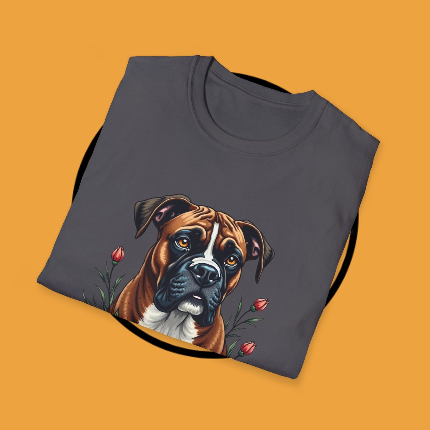 Boxer Dog Floral Portrait T-Shirt - Elegant Botanical Art Design Tee for Dog Lovers