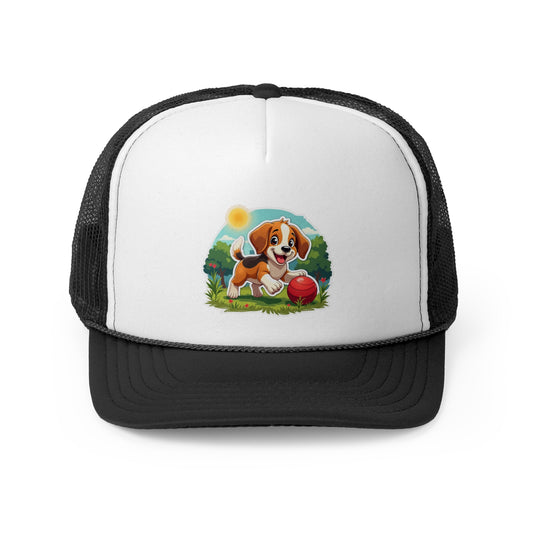 Cute Beagle Puppy Playing with Red Ball Trucker Hat - Adorable Dog Lover Unisex Cap