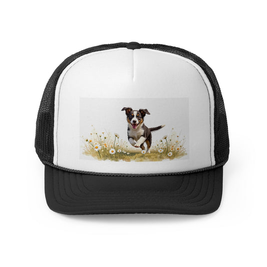 Happy Puppy in Daisies Trucker Hat - Joyful Dog Running Cap - Spring Meadow Baseball Hat
