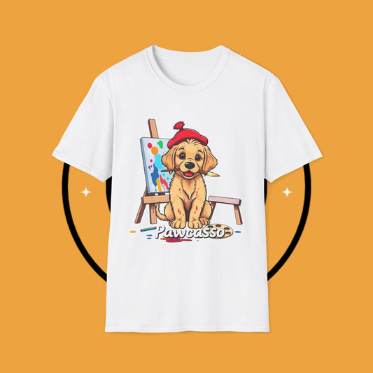 Unisex T-Shirt Design Pawcasso in Training 🎨 | Artistic Golden Retriever T-Shirt for Creative Canine Lovers