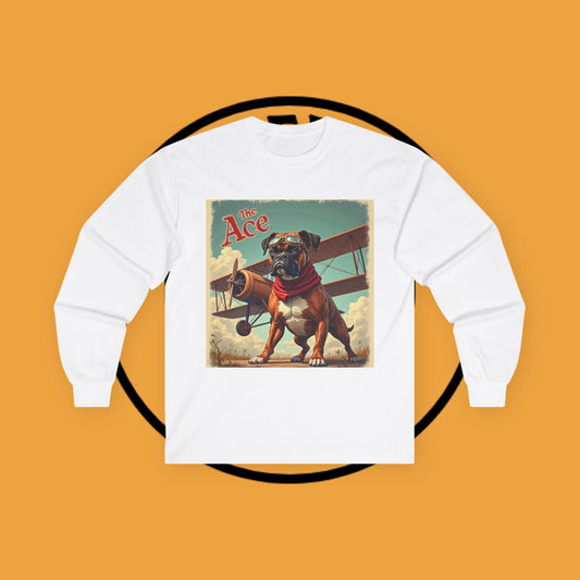 The Ace Vintage Aviation Pilot Dog Long Sleeve Tee - WWI Flying Ace Boxer Shirt