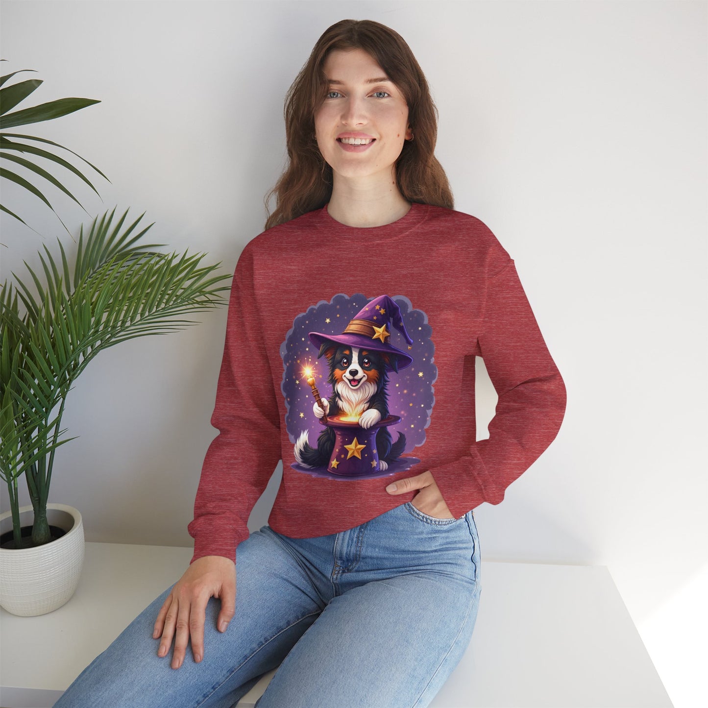 Magical Wizard Dog Crewneck Sweatshirt - Adorable Puppy Magician with Hat & Wand | Fantasy Pet Lover Gift Tee