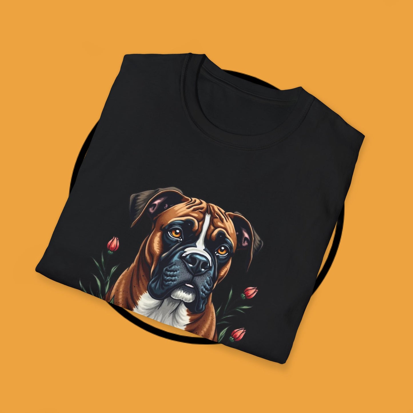 Boxer Dog Floral Portrait T-Shirt - Elegant Botanical Art Design Tee for Dog Lovers