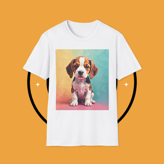 Modern Art Beagle Puppy T-Shirt - Geometric Low Poly Dog Design with Rainbow Background