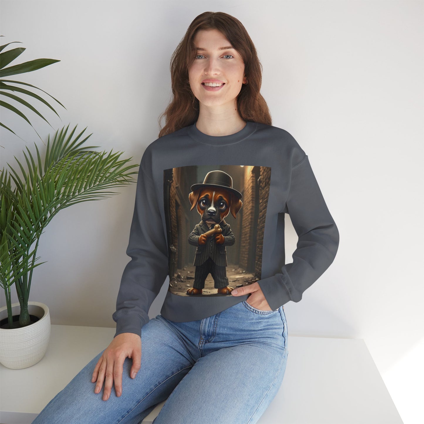 Gangster Puppy Fedora Crewneck Sweatshirt - Vintage Dog Boss Design - Retro Pet Lover Style