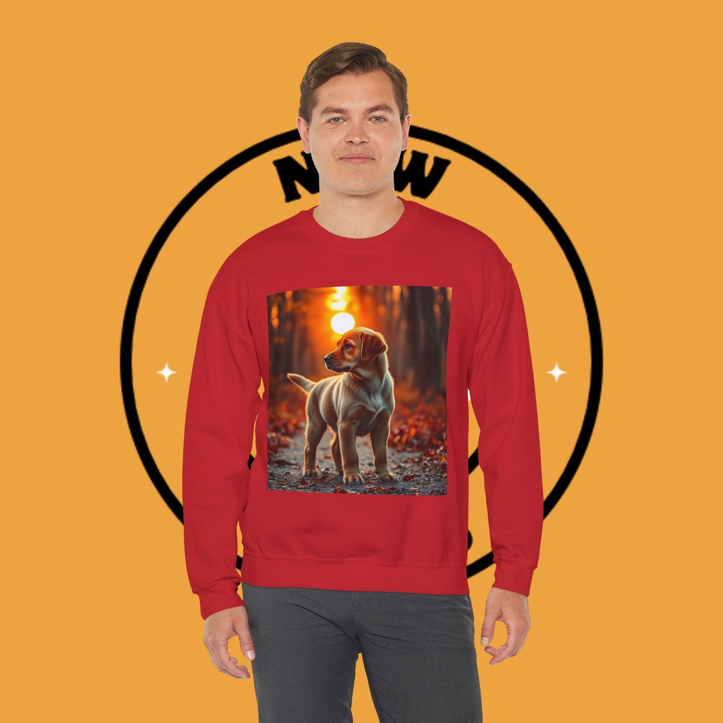 Crewneck Sweatshirt - Labrador Puppy in Autumn Forest with Golden Sunset Light Design