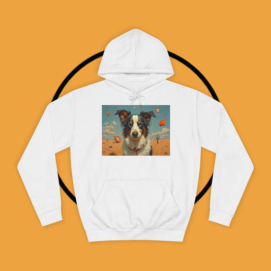 "Surreal Border Collie Time Desert Hoodie - Flying Clocks Artistic Dog Sweatshirt | Dreamlike Fantasy Design"