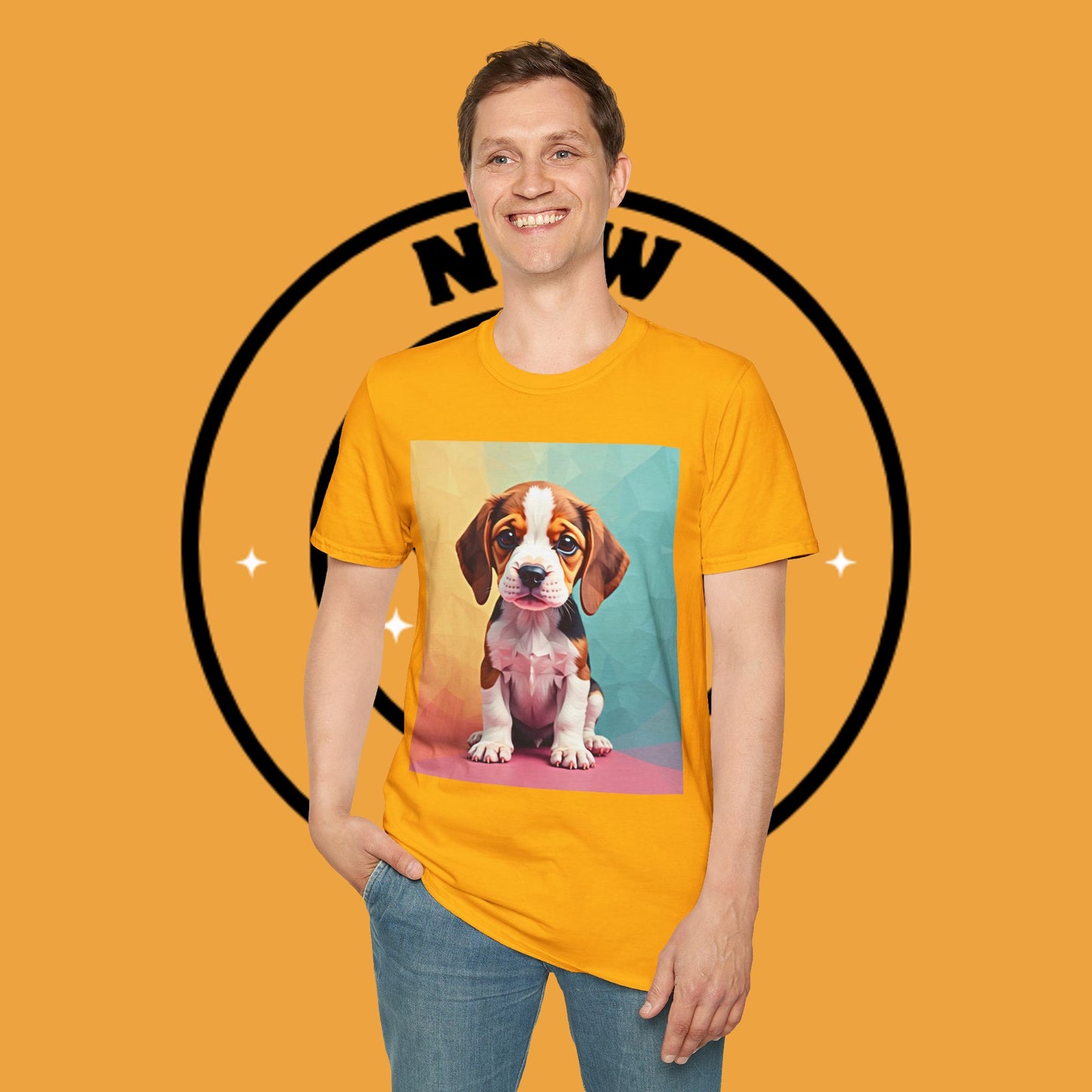Modern Art Beagle Puppy T-Shirt - Geometric Low Poly Dog Design with Rainbow Background