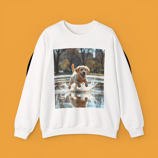 Unisex Dog Lover Crewneck Sweatshirt -Labrador Puppy Running in Water - Happy Dog Splashing in Puddle