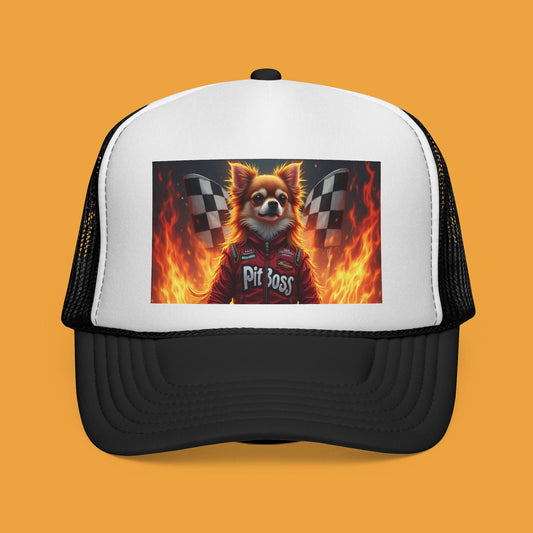 Pit Boss Chihuahua Racing Trucker Hat - Checkered Flag Fire Cap | Motorsports Dog Lover Speed Racing Baseball Hat