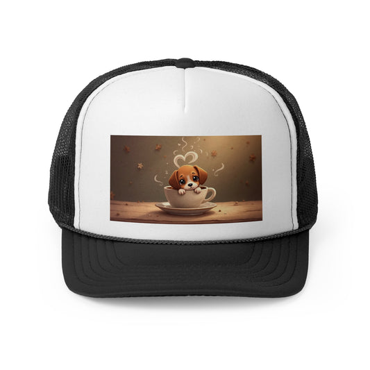 Adorable Beagle Puppy in Coffee Cup Trucker Hat - Teacup Dog Lover Unisex Cap