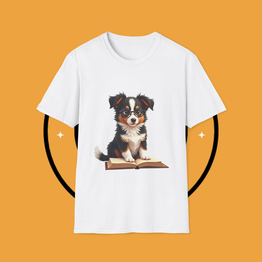 "Professor Puppy - Scholarly Border Collie" - Intellectual Dog T-Shirt - Smart Puppy with Glasses T-Shirt - Scholarly Dog Reading Book Tee | Educational Pet Lover Gift