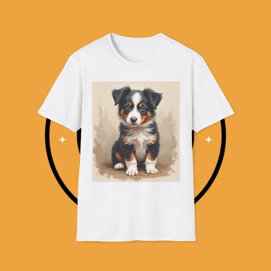 "Fluffy Border Collie Puppy Portrait" - Premium Artistic Dog T-Shirt - Border Collie Puppy T-Shirt - Fluffy Tri-Color Dog Portrait Tee | Collie Lover Gift