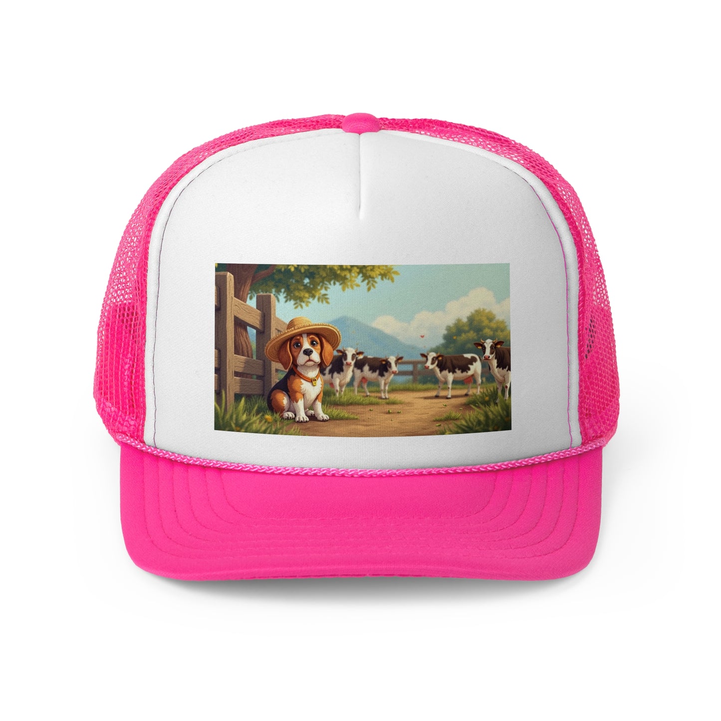 Farm Beagle with Straw Hat and Cows Trucker Hat - Country Dog Lover Cap - Adorable Dog Lover Unisex Cap