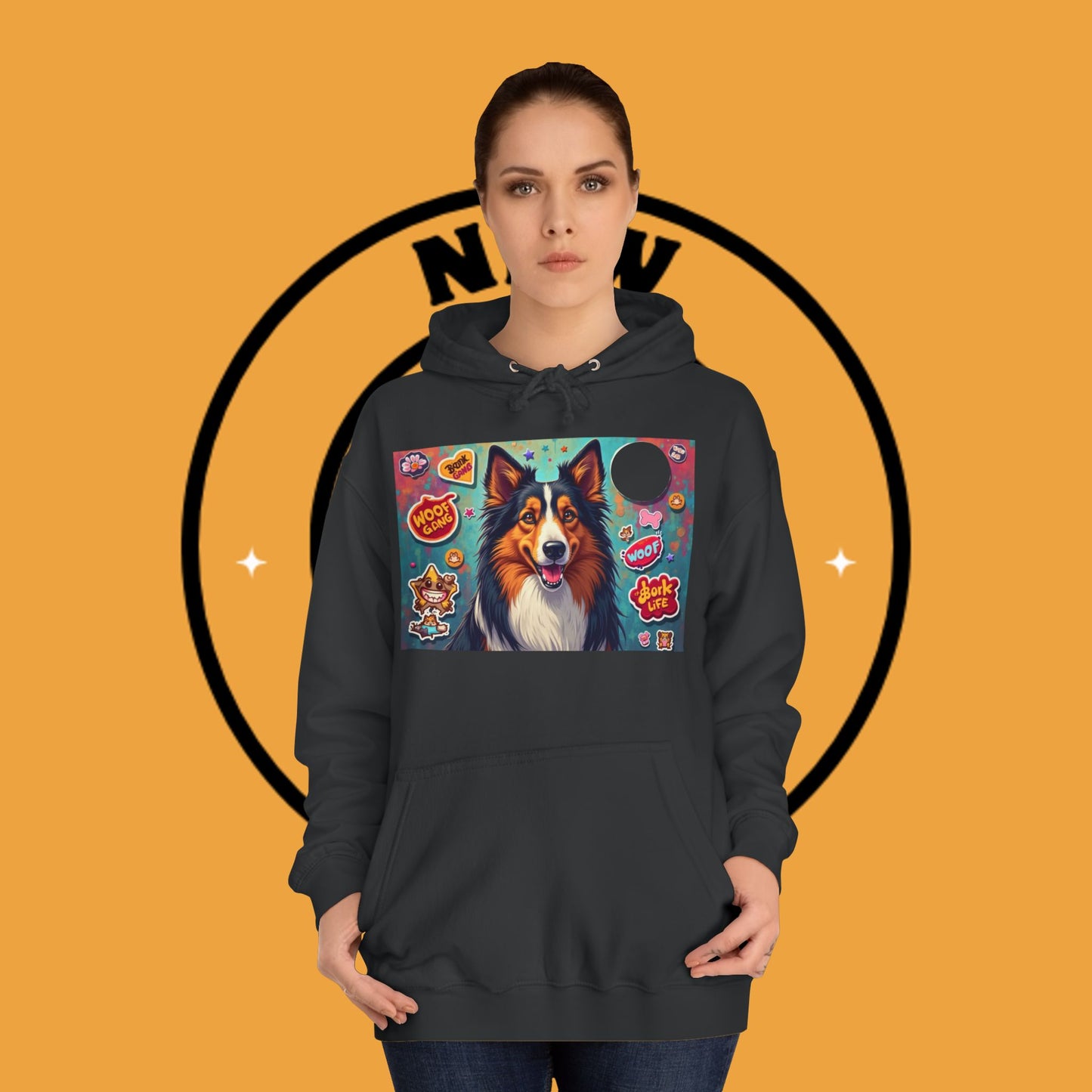 "Dog Sticker Pack Hoodie - Vibrant Collie with Fun Dog Patches Design | Millennial Pet Lover Streetwear"