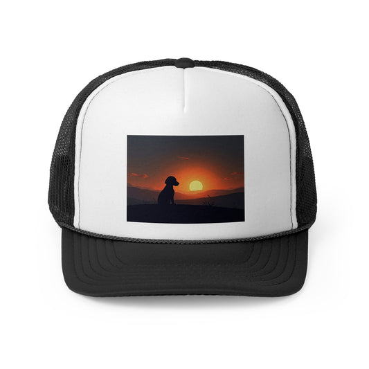 Dog Silhouette Sunset Trucker Hat - Beautiful Mountain Landscape Pet Memorial Cap | Emotional Dog Lover Gift | Adjustable Mesh Snapback - Adorable Dog Lover Unisex Cap