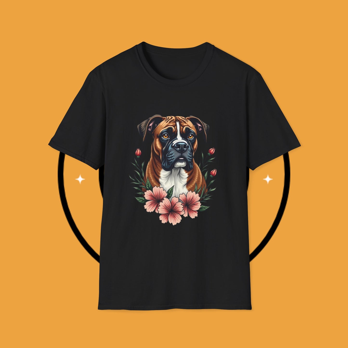 Boxer Dog Floral Portrait T-Shirt - Elegant Botanical Art Design Tee for Dog Lovers