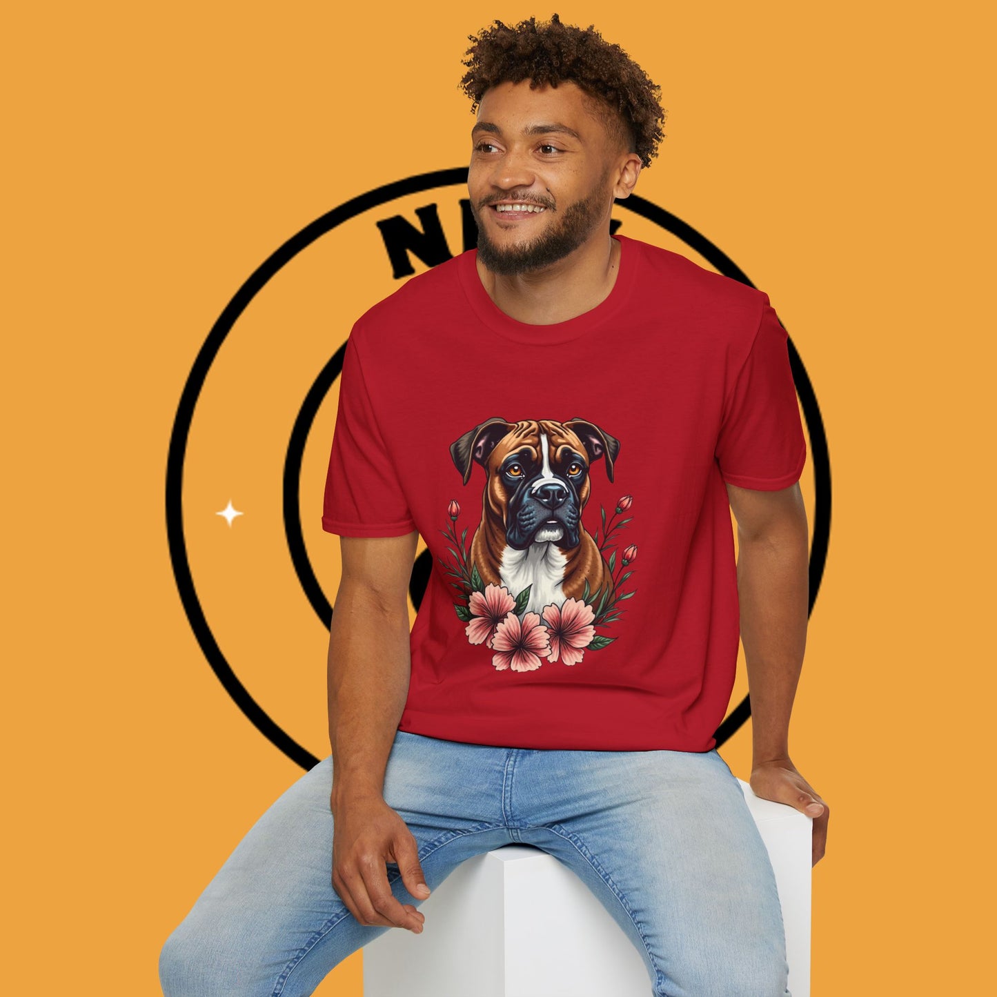 Boxer Dog Floral Portrait T-Shirt - Elegant Botanical Art Design Tee for Dog Lovers