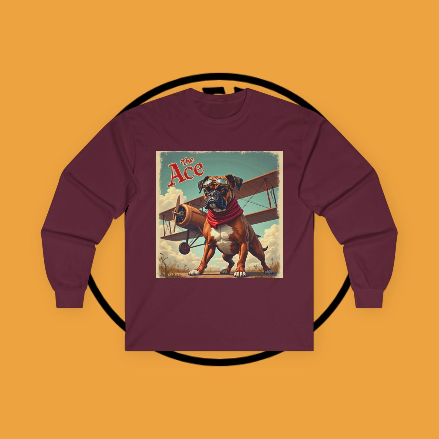 The Ace Vintage Aviation Pilot Dog Long Sleeve Tee - WWI Flying Ace Boxer Shirt