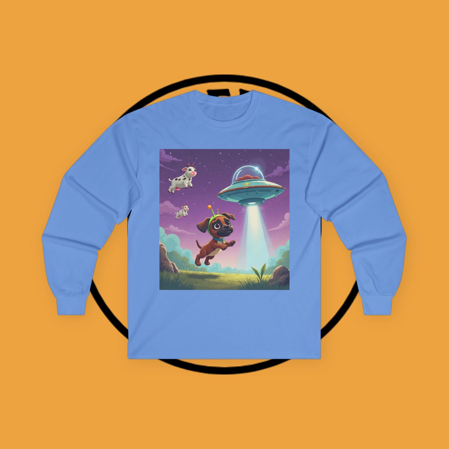 Cute Alien UFO Puppy & Flying Cow Long Sleeve Tee - Whimsical Space Adventure Shirt